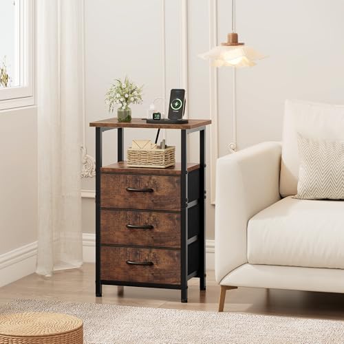 Vagusicc Nightstand Set of 2 with Charging Station, Bedside Table with USB Ports & Outlet, Side End Table with 3 Fabric Drawers & Storage Shelf, Bed Side Table Night Stand for Bedroom, Rustic Brown - color: Rustic Brown, size: 2 Pieces, style: Ordinary