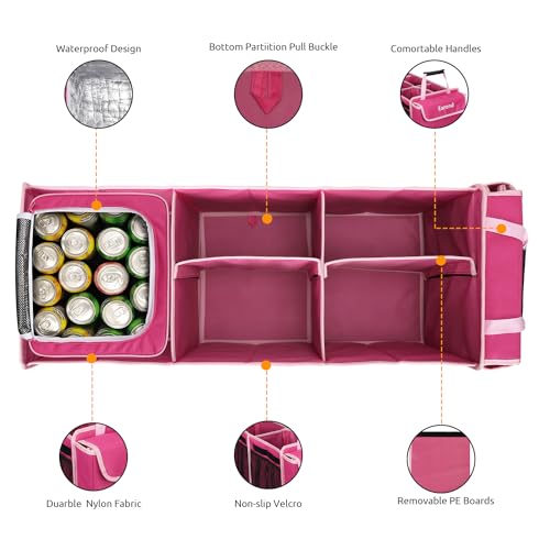 Collapsible Trunk Organizer with Insulated Leakproof Cooler Bag,Removable Lid,Adjustable Securing Straps,3 Compartments Trunk Organizer for SUV,Truck,Sedan(Pink) - color: Pink, size: With Cooler