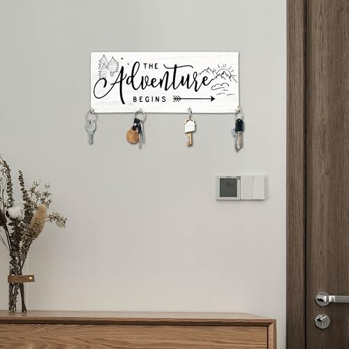 The Adventure Begins Wooden Key Holder for Wall - 5"x10" Key Organizer Hanger with 4 Hooks for Home Front Door Hallway Entryway Kitchen - Home Office Decor & Housewarming Gifts Supplies - A02 - color: The Adventure Begins