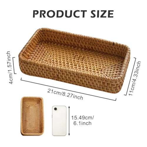 8in Rattan Bathroom Vanity Tray, Toilet Tank Basket, Bathroom Decor Box, Small Narrow Guest Towel Holder for Vanity, Countertop, Bathroom, Kitchen and Cabinet Storage(Color:Wood)