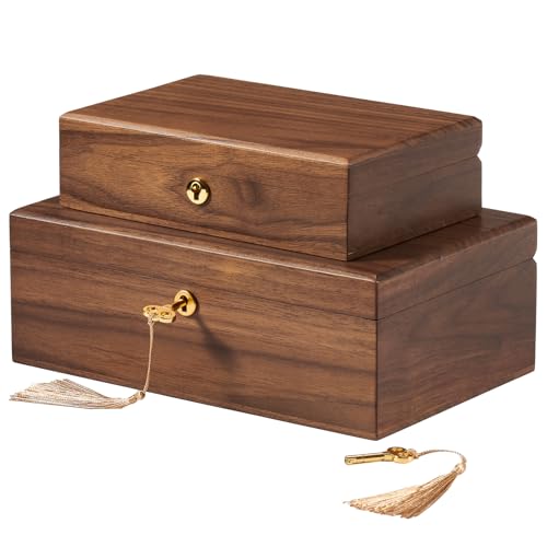 Walnut Storage Boxes with Locking Lid Set of 2 Decorative Solid Wood Storage Baskets Lockable Vintage Wooden Memory Box Chests for Keepsakes Photos Jewelry Desktop Organizer Container