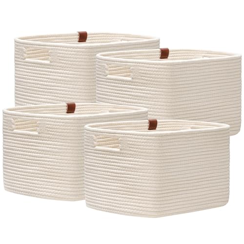 UBBCARE 4 Pack Baskets for Organizing, Woven Storage Baskets with Label for Toys and Towel, Rectangle Cotton Rope Basket with Handles, 14''L x9''W x8''H, Off-White - color: Off-White, size: 4 Pack - 14 X 8 X 9 Inches