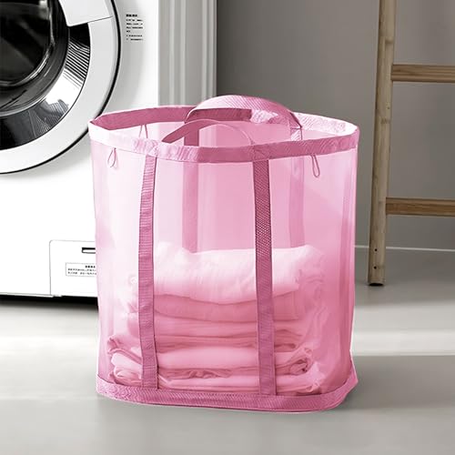 Mesh Bag with Handles, Collapsible Laundry Basket, Foldable Laundry Bag, Breathable Folding Beach Bag,Space-saving Travel Tote Bags (1, Pink) - color: Pink