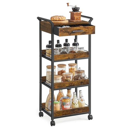 VASAGLE Storage Cart, 4-Tier Rolling Utility Cart with Table Top, Handles, 4 Lockable Casters, Top Drawer, Mesh Shelves, for Kitchen, Bathroom, Bedroom, Rustic Brown and Ink Black ULRC049K01 - color: Rustic Brown + Ink Black, size: 4 Tiers (37.8"H )