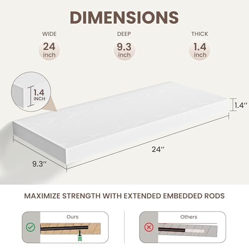 Acovy 24 Inch Floating Shelves for Wall Decor,9.3" Deep Floating Shelf Wall Book Shelves,Large Display Storage Shelf,Wall Mounted Shelves with Invisible Bracket for Living Room,Bedroom,Bathroom,White - color: White, size: 24 Inch,Set of 2