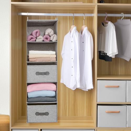 Large Hanging Sweater Organizer for Closet,Collapsible 6-Shelf Hanging Closet Shelves with Drawers, Washable (Grey-5 Shelf-2 d) - color: Dark Gray, size: 5 Shelf with 2 drawers