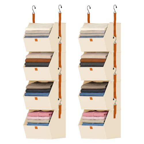 DIMJ Hanging Closet Organizer - 4 Tier Collapsible Hanging Shelves with Hooks Zipper, Fabric Clothes Organizer, Space-Saving Storage Bin Basket for RV, Bedroom, Laundry Organization - color: Beige, size: 8 Pack