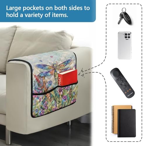 Dragonfly Daisy Print Couch Arm Covers with 2 Pocket Storage Water Resistant Sofa Chair Armrest Protector Stain Resistant Recliner Armrest Organizer for Dogs Cats Pet - color: Dragonfly Daisy