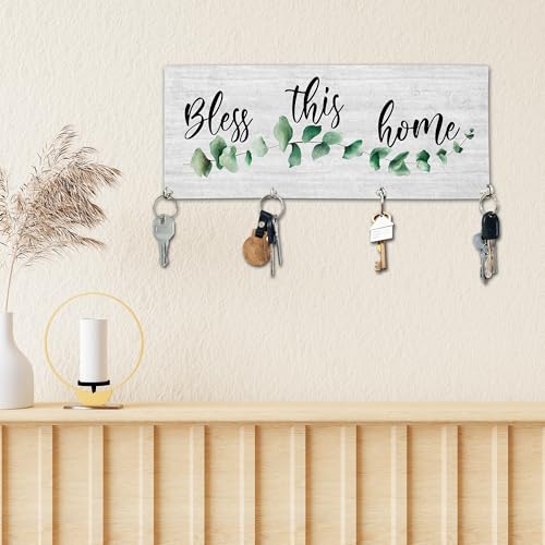 Bless This Home Wooden Key Holder for Wall - 5"x10" Key Organizer Hanger with 4 Hooks for Front Door Hallway Entryway Kitchen - Home Office Decor & Housewarming Gifts Supplies - A01 - color: Bless This Home