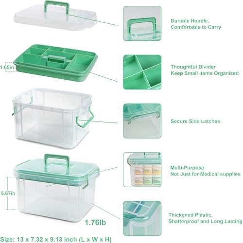 HEY FOLY 15qt Clear Medicine Organizer Storage Box with Tray, Plastic First Aid Box Empty, Thickened Medicine Container Chest, Multipurpose Medical Case with Labels, Medicine Caddy with Lids Handles - color: Green