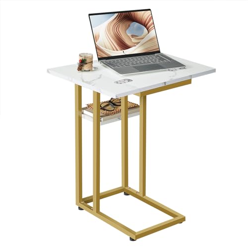 HOOBRO Foldable End Table, Gold C Shaped Side Table with Storage Shelf, Small Snack Table Suitable for Living Room Bedroom Small Spaces, Easy Assembly, Gold and Marble DM29SF01 - color: Marble + Gold