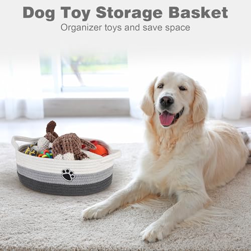 Optish Dog Toy Easter Basket, Toy Box and Bin for Dog Cat Storage, 13.5" X 11" X 5" Small Woven Rope Basket for Baby Storage, Closet, Living Room, White & Grey - color: White-Grey, size: 13.5"L x 11"W x 5"H (15L)