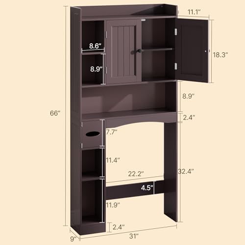 Gizoon Over The Toilet Storage Cabinet, 66''H Over Toilet Storage Cabinet, with Paper Holder, Adjustable Shelves, 2 Doors, Over Toilet Bathroom Organizer, 2 Side Hooks, Space-Saver, Dark Brown - color: Dark Brown