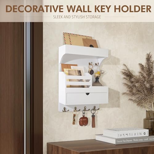 Rebee Vision Key Holder Wall Mount with Drawer Organizer – Pine Wooden Mail and Key Organizer with 6 Sturdy Hooks and Wall Shelf – Modern Living Room Decor for a Modern Home (White) - color: White, style: Large Drawer