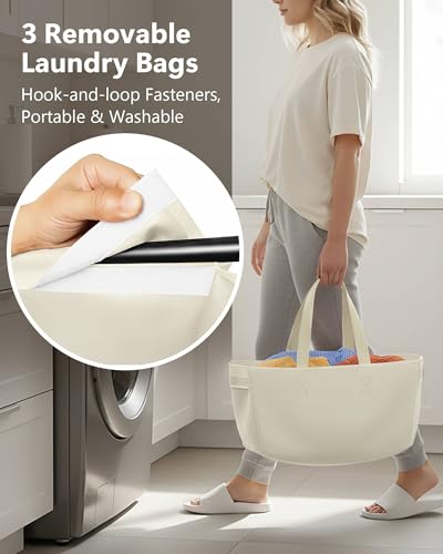 3 Section Laundry Sorter with Removable Bags, 120L Rolling Vertical Laundry Hamper, Stackable Laundry Baskets organizer for Bathroom, Apartment, Dorm (Beige, With Wheel) - color: Beige, size: With Wheel