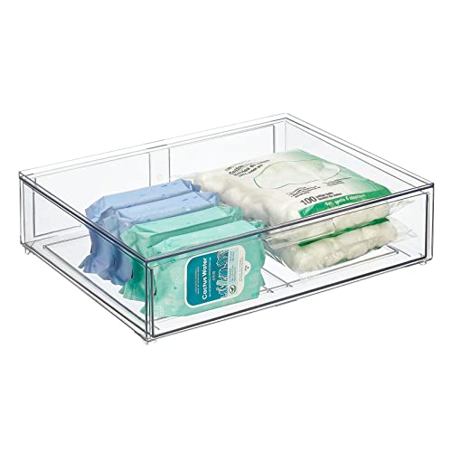 mDesign Wide Plastic Stackable Bathroom Storage Organizer Bin with Pull Out Drawer for Cabinet, Vanity, Shelf, Cupboard, Cabinet, Countertop, Closet Organization - Lumiere Collection - 2 Pack - Clear - size: 12 x 16 x 4 (Pack of 2)