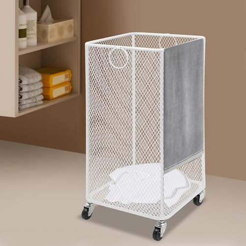 Metal Laundry Storage Cart - Square, Mesh Wire Rolling Laundry Hamper with Wheels & Ring Handles, Clothes or Linen Storage Organizer Hamper Bin Laundry Basket, 12"L x 12"W x 22"H, White - color: White, size: Square - 12"W