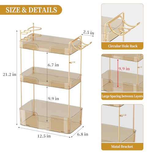Bathroom Counter Organizer for Vanity, Makeup Organizer Countertop with Holder, Large Capacity Storage Rack, Perfect Large Skincare, Hair Care, Perfume, Easy to Install (Gold, 3Tiers) - color: Amber, size: 3 Tiers