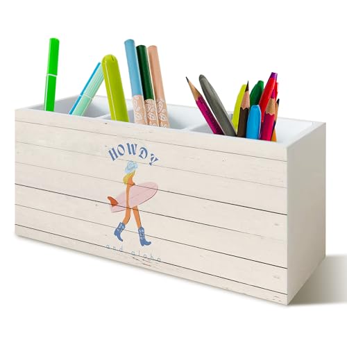 Coastal Cowgir Pen Holder for Home Office Kitchen Desk Decor, Howdy Surf Cowgir Wooden Pencil Holder Sign Organizer for Home Office Desk Accessories, Cowgirls Coastal Gifts for Women Men - color: pink and blue