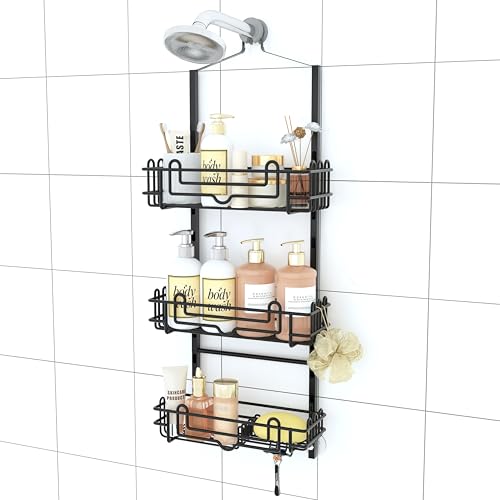 SWTYMIKI Shower Caddy Hanging Organizer - 3-Tier Rustproof Shower Organizer Over Showerhead with Adjustable Baskets, 24 Hooks, Soap & Razor Holder - No Drill Large Bathroom Storage Rack, Black - color: Black