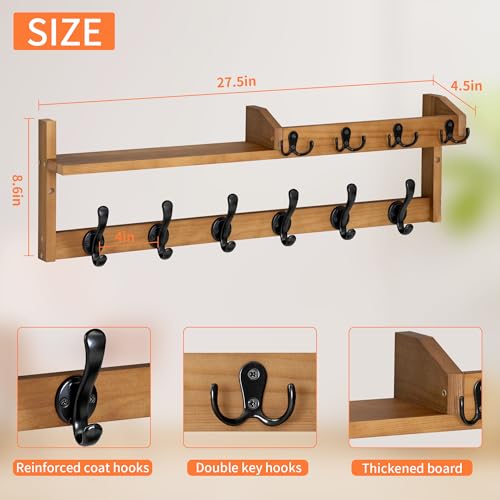 Coat Rack Wall Mount with Shelf, 27.5" Entryway Wall Hanging Shelf, Coat and Key Hanger with 10 Dual Hooks, Mail Organizer and Key Holder Hat Rack for Wall, Wood Coat Hooks with Storage - color: Brown