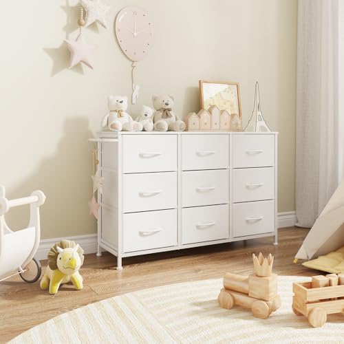 Dresser for Bedroom, Small Fabric Dressers for Kids Bedroom, 9 Drawers Dresser for Closet, Storage Organizer Chest of Drawers for Nursery, Dorm, Apartment, TV Stand, Wooden Top, Side Hooks (White) - color: White, size: 11.8"D x 39.4"W x 25.6"H (9 Drawers)