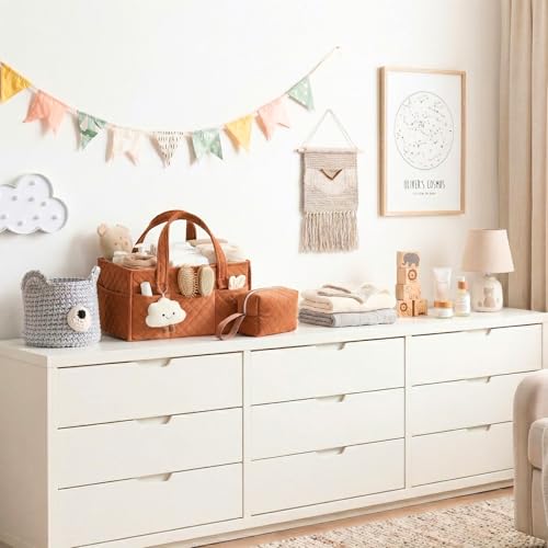 PeraBella Baby Diaper Caddy Organizer, Baby Basket Shower Gift, Portable Changing Table Basket, Postpartum Caddy & Tote Bag Pouch, Newborn Boy & Girl Nursery Essentials Registry, Car Diaper Organizer - color: Cinnamon