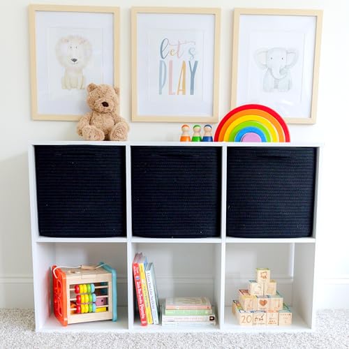 NaturalCozy Storage Cubes 11 Inch Cotton Rope Woven Baskets for Organizing, 3-Pack | Cube Storage Bin | Square Storage Baskets for Shelves Organizer, Classroom, Kids Toy Bins, Closet, Baby Nursery - color: Black