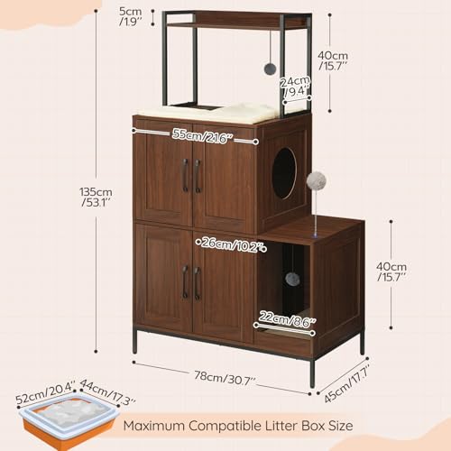 HOOBRO Litter Box Enclosure, Litter Box Furniture with Storage, 2-in-1 Hidden Cat Furniture with Shelf, 2 Dangling Plush Balls and 1 Toy Ball, Large Wooden Cat Washroom, Walnut WL78MW01 - color: Walnut