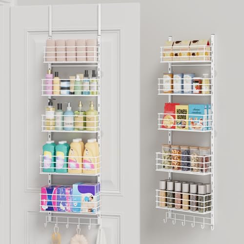 SWTYMIKI Over The Door Organizer - Door Organizer Hanging with 5 Adjustable Metal Large Capacity Basket and 6 Coat Hook, Wall Mounted Shelf for Bedroom Closet Bathroom Laundry Pantry Cabinet Kitchen - color: White