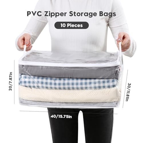 10 PCS Clear Zippered Storage Bags with Handle,Sweater Storage with Zipper,Foldable Closet Organizer Bed Sheet Organizer,Cube Plastic Organizer,Bag,Bin for Clothes,Towel-15.7 * 11.8 * 7.9 - color: White, size: 15.75 x 11.81 x 7.87 inches