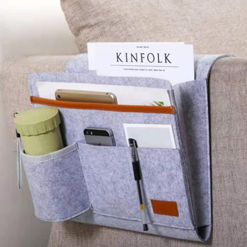 Bringsine Bedside Caddy, Felt Bed Storage Organizer Hanging Bag Holder with 5 Pockets for Magazine Book Phone Tablet iPad Cables Remote & Water Bottle Holder Home Dorm Bed Sofa-Light Gray - color: Light Gray, size: 4 Pockets + Bottle Holder
