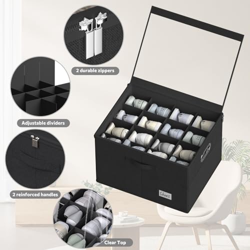 Shoe Organizer for Closet, Large Shoe Box Storage Containers with Clear Window, Space Saving Shoe Bin with Foldable Bottom Support Adjustable Dividers - Fits 16 Pairs (Black, (19.7*15.7*13)x1) - color: Black, size: (19.7*15.7*13)x1