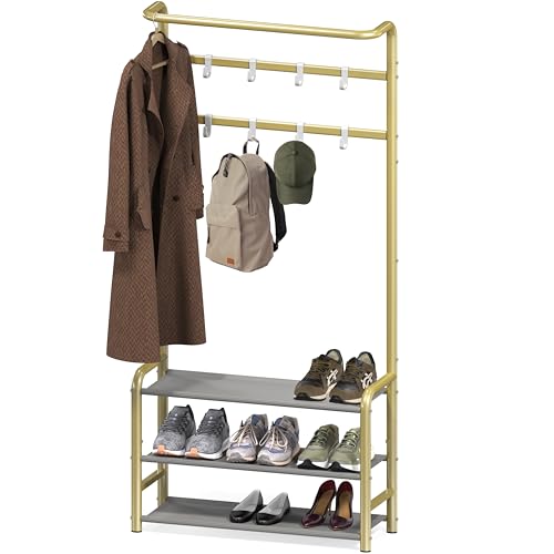 Simple Houseware Coat Rack with Storage Shelf, Freestanding Hall Tree with Hooks for Entryway, Bedroom, Office, Black Metal Clothes Hanger Stand for Coats, Hats, Jackets, Bags - Champagne Gold - color: Champagne Gold