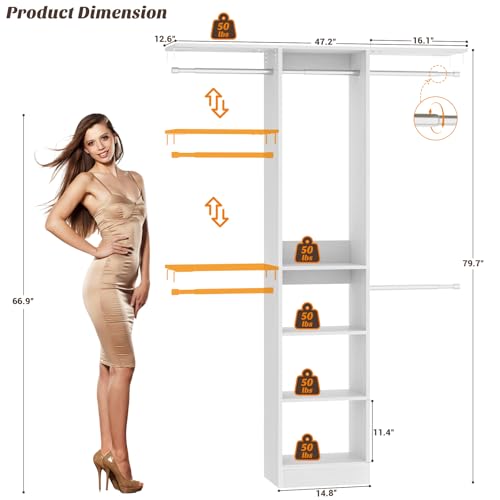Besiost 48" Closet Organizer System, 4FT Closet System for Small Closets with 4 Hanging Rods & 3 Shelves, 80"H Small Closet Organizers and Storage for Bedrooms, Cloakrooms, White - color: White
