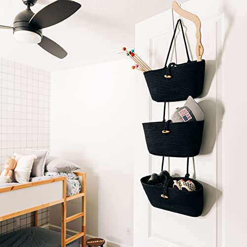 OrganiHaus Black Hanging Wall Baskets for Storage | Hanging Baskets for Bathroom Organizing | Behind Door Storage | Over the Door Basket | Nursery Storage Basket | Wall Hanging Basket for Organizing - color: Full Black