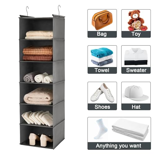 MAX Houser 6 Tier Shelf Hanging Closet Organizer, Closet Hanging Shelf with 2 Sturdy Hooks for Storage,2 Pack, Foldable (Grey) - color: Grey-2