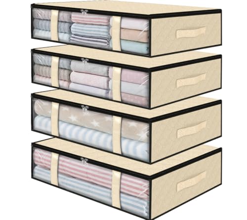 StorageRight Under Bed Storage Bags 4 Pack, 40L Large Clothes & Comforter Storage Containers with Clear Window, Breathable Fabric Organizer for Blankets, Bedding, Seasonal Clothing, Beige - color: Beige, size: 4 Pack