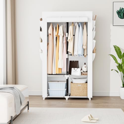 Portable Closet for Hanging Clothes, Portable Wardrobe Closet with Cover, 4 Storage Shelves, 2 Hanging Rods and 8 Side Pockets, Easy Assembly and Sturdy Free Standing Closet for Bedroom, White - color: White