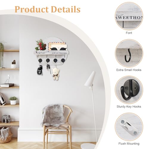Key Holder for Wall, Key and Mail Holder Organizer - Key Holder Wall Mount with Bouquet Shelf and Key Hooks, Round Wooden Rustic Key Rack for Entryway and Home Decor (Pale White) - color: pale white