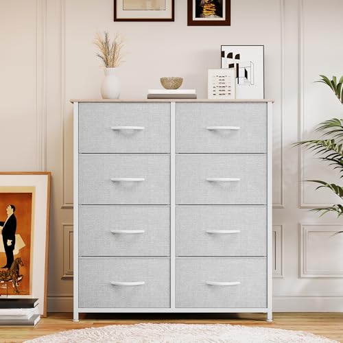 YITAHOME Dresser for Bedroom, Fabric 8 Drawers, Tall Dresser with Fabric Bins, Storage Tower Unit, Chest of Drawers for Living Room, Hallway, Closets - color: Light Grey-white Handle(new 2025)