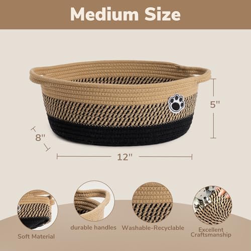 Dog Storage Bin, Baby Basket for Gifting, Wicker Storage Baskets for Dog, Cute Basket with Handles, Small Woven Baskets for Nursery 12"x 8" x 5" Black-Brown - color: Black-Brown, size: 12"L x 8"W x 5"H