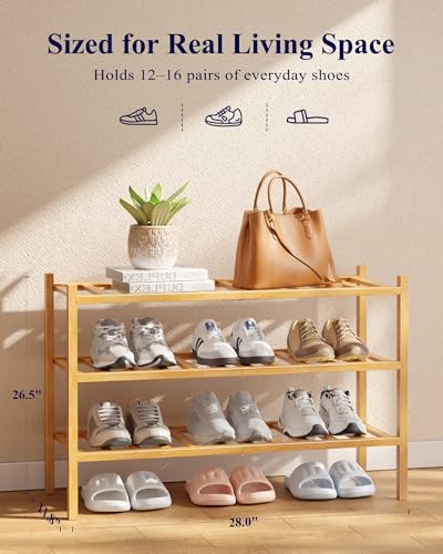 Kitsure Bamboo Wooden Shoe Rack for Closet - Stackable Shoe Organizer with Modular Structure, Space-Saving Shoe Shelf for Entryway, Living Room, Bedroom, 26.8" x 11" x 18.9", Natural - color: Nature, size: 26.8"Wide - 3 Tiers