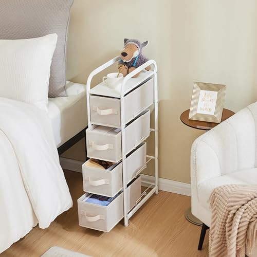 MAX Houser 4 Drawer Narrow Dresser Fabric Storage Tower Vertical Slim Storage Chest Organizer Nightstand Side/End Table Small Standing Organizer Removable Drawers Wood Top for Bedroom, Bathroom(Beige) - color: Beige1