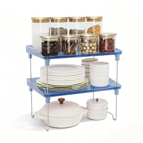 STARLATTA Acrylic Cabinet Organizer Shelf,4 Pcs Stackable Kitchen Counter Shelves,Spice Rack,Countertop Organizers,Clear Plastic Storage Organization for Makeup, Bathroom,Cupboard,Desk,Pantry - color: blue, size: 2 pack