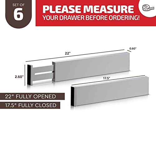 6-Pack Drawer Dividers - 2.6 Inches High, Adjustable 16 to 22 Inches Bamboo Drawer Organizer, Large Expandable Separator for Clothes, Dresser, Bedroom, Bathroom, Baby, Office, Kitchen Utensils, Gray - color: Gray