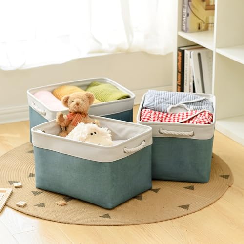 TheWarmHome Organization and Storage basket for Organizing - 3 Pack 16x12x12 inch Cube Storage Bin for Shelves, Fabric Storage Cubes for Organizer Cloth Closet Toy Box (White & Green) - color: White And Green, size: 3PCS/Large Cube - 16L×12W×12H