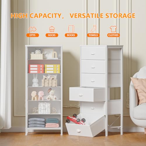 Furnulem White Tall Dresser for Bedroom,Vertical Storage Tower Unit and End Table with 6 Fabric Drawers, Nightstand Furniture with Drawer Organizer in Living Room,Closet,Entryway,Hallyway - color: White, size: 11.5"D x 16"W x 39.6"H (6 Drawers)