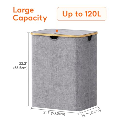 Lifewit 120L Laundry Basket with Lid, Clothes Hampers for Laundry with Bamboo Handles and 1 Removable Bag, Large Foldable Laundry Hamper for Bedroom, Bathroom, Dorm, Laundry Room, Light Gray - color: Light Gray, size: 120L
