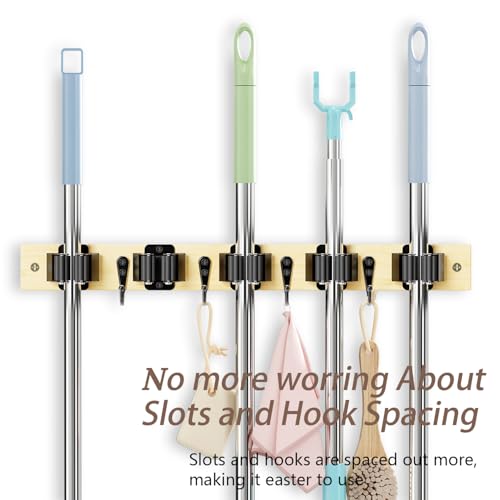 Mop and Broom Holder Wall Mount - Bamboo Broom Mop Hanger - Wall Mounted Garden Tool Rack Organizer for Closet Garage Laundry Room Kitchen Decor With 5 Slots & 4 Hooks (Bamboo) - color: Bamboo